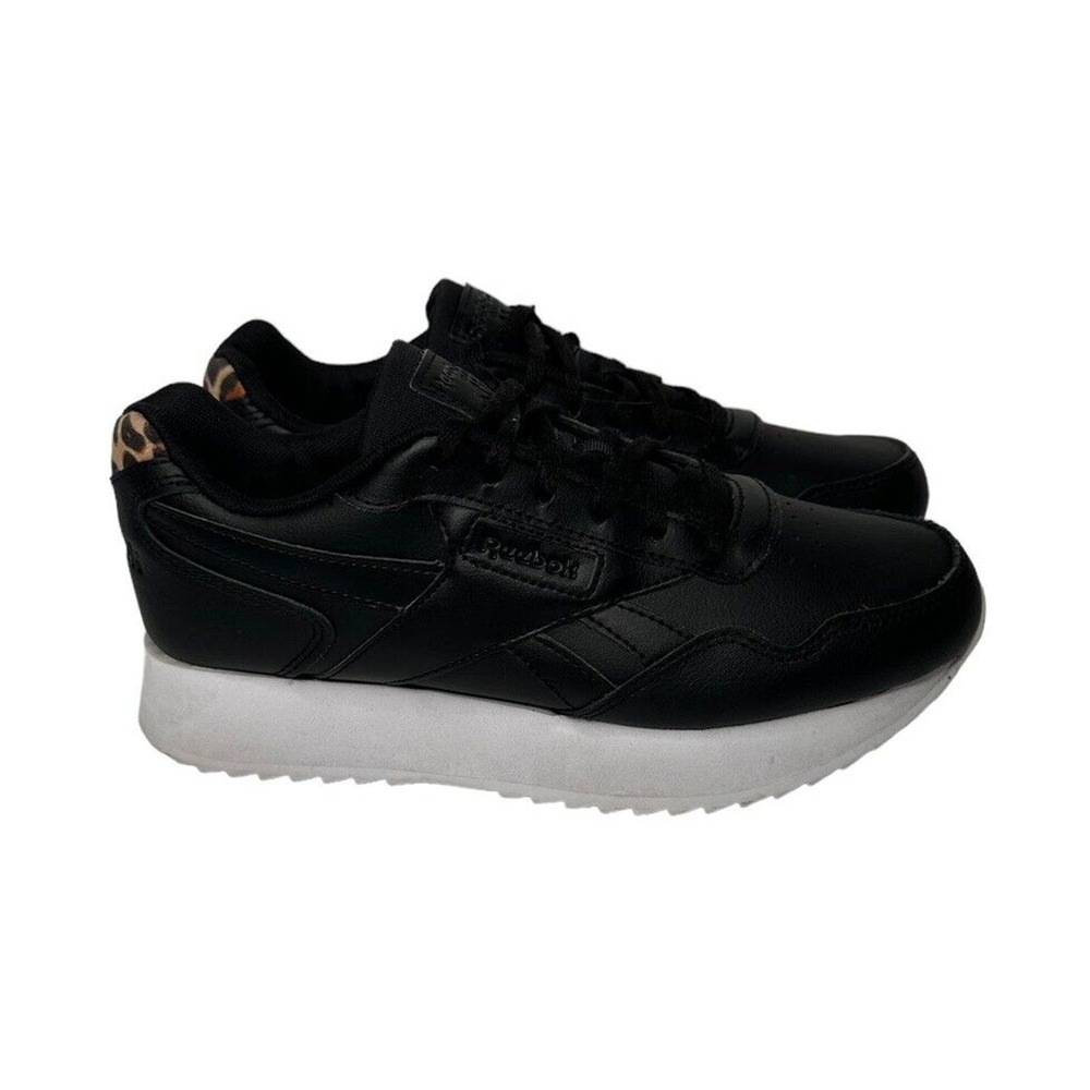 Womens Reebok‎ Classic Harman Run Platform Black Leather Sneakers Animal Print 8